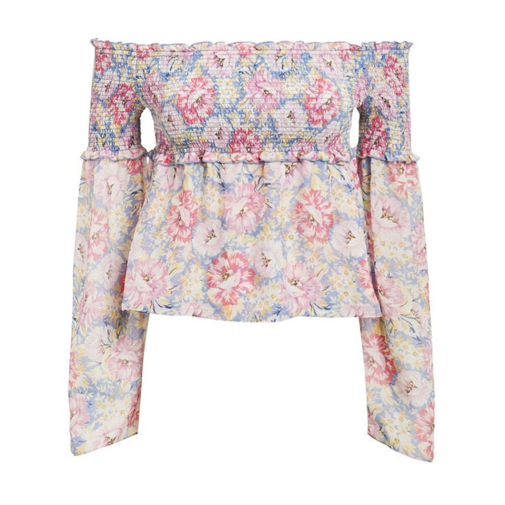 INTERMIX Lucy Silk Off-the-Shoulder Smocked Floral Long Sleeve Top | Small - Picture 9 of 10